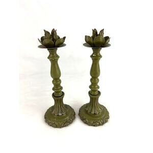 Pair Antique Green Enameled‎ Cast Iron Candlestick Holder Ornate